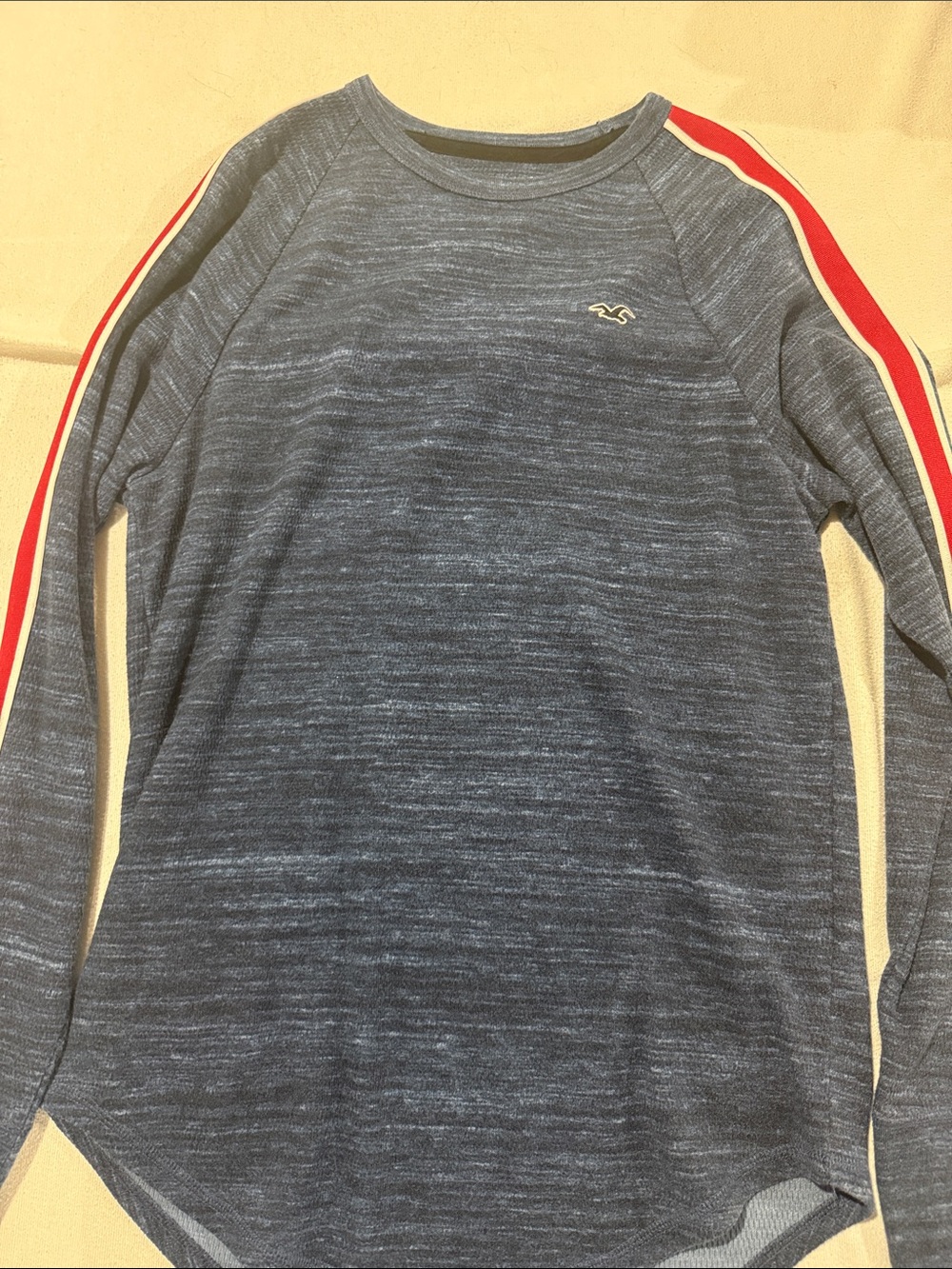 Hollister Men’s Heather Navy Crewneck Sweater with Red Sleeve Stripes